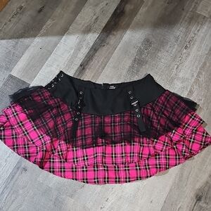 Hot Topic Pink Plaid Skater Skirt with Black Waist Panel